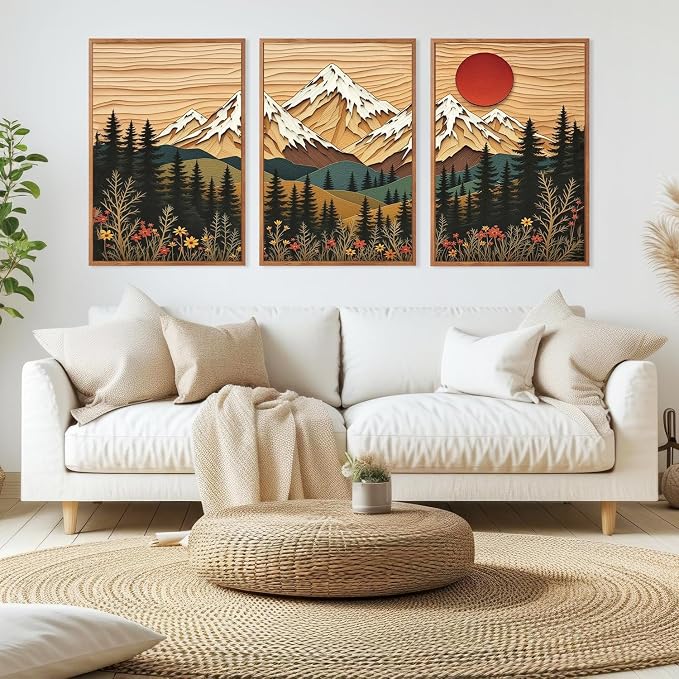 LHIUEM Vintage Woodcut Mountain Framed Canvas Wall Art,Forest Pine Tree Boho Wall Decor,Wilderness Sunset Landscape Artwork for Living Room,Bedroom,Dining Room,Office -24"x36"x3