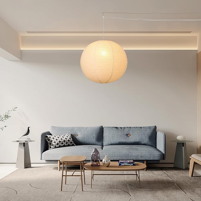 Paper Lantern Lamp Plug in Hanging Lamp, 20in White Rice Paper Pendant Light with 19.7FT Cord Large Globe Japanese Japandi Wabi Sabi Chandelier for Dining Living Room Bedroom Office 1 Pack