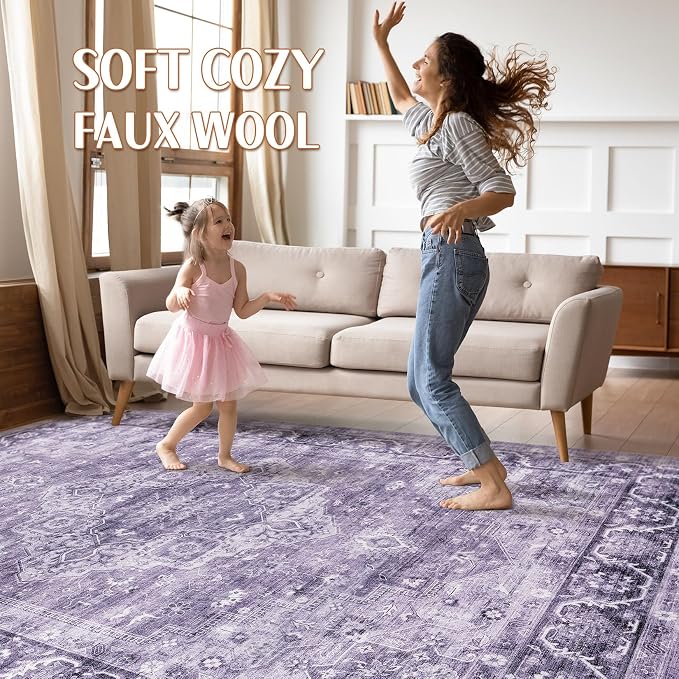 7x9 Area Rug Living Room: Washable Boho Large Neutral Vintage Soft Rug Stain Resistant Farmhouse Non-Slip Indoor Floor Carpet for Bedroom Nursery Kids Playroom Office Dining Room- Purple