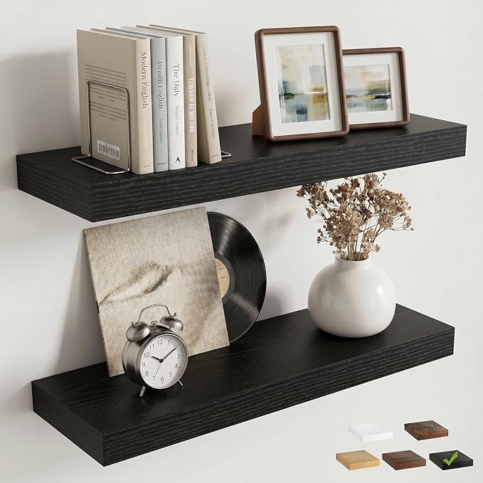 Venusmiles Floating Shelves for Wall, 20 Inch Floating Shelves Set of 2, 6.5" D Wooden Wall Mounted Display Shelves with Invisible Brackets for Living Room, Bedroom, Bathroom, Kitchen Decor, Black
