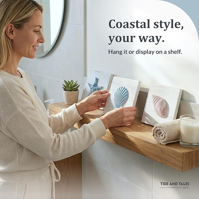 Tide and Tales 3D Beach Wall Art - Seashell with Starfish for Coastal Bathroom Decor, Ocean Inspired Decor for Bathroom, Coastal Bedroom, Living Room or Beach House, Set of 3 (6”x 6”)