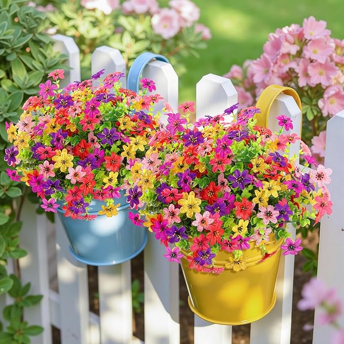 SHareconn 48 Bundles Artificial Flowers for Outdoors Spring Decoration, Fake Silk Realistic Faux Plants UV Resistant for Outside Planter Porch Patio Indoor Decor, RedRosePurpleYellowPinkDeeppurple