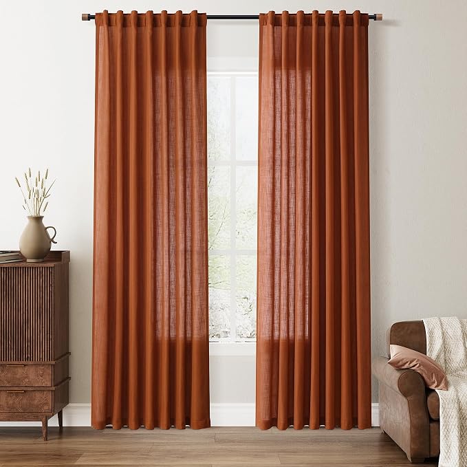 Nanspring Terracotta Linen Curtains 84 Inch Length for Living Room 2 Panels, Rustic Boho Rod Pocket Back Tab Semi Sheer Light Filtering Soft Linen Farmhouse Burlap Decor Curtains for Bedroom 50x84
