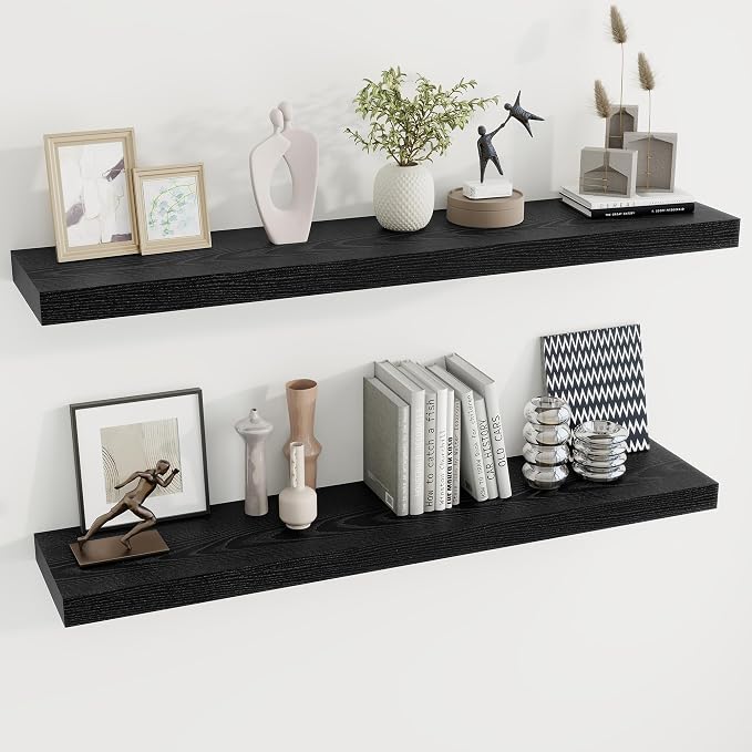 Dreamland 48Inch Black Floating Shelves 9.3" Deep Wall Mounted Set of 2 | Wall shelves for bathroom, bedroom, kitchen, deep wall mount wood storage display for home decor 48" x 9.3"