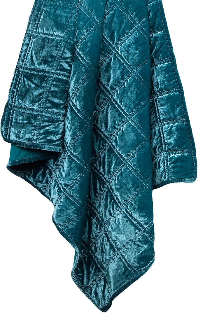 HiEnd Accents Stella Faux Silk Velvet Throw Blanket Teal, 50x60 inch, Double Stitch Plush Soft Cozy Blankets, Luxury Decorative Throws for Couch, Bed, Sofa, Chair