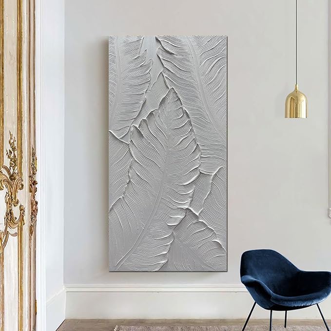 Art8YuQi Paintings - Contemporary Abstract Art leaf Oil Painting On Canvas Texture 3D White Painting Plantain Handmade Artwork Picture Canvas Wall Art Modern Home Decor living room Ready to Hang 24X48 inch