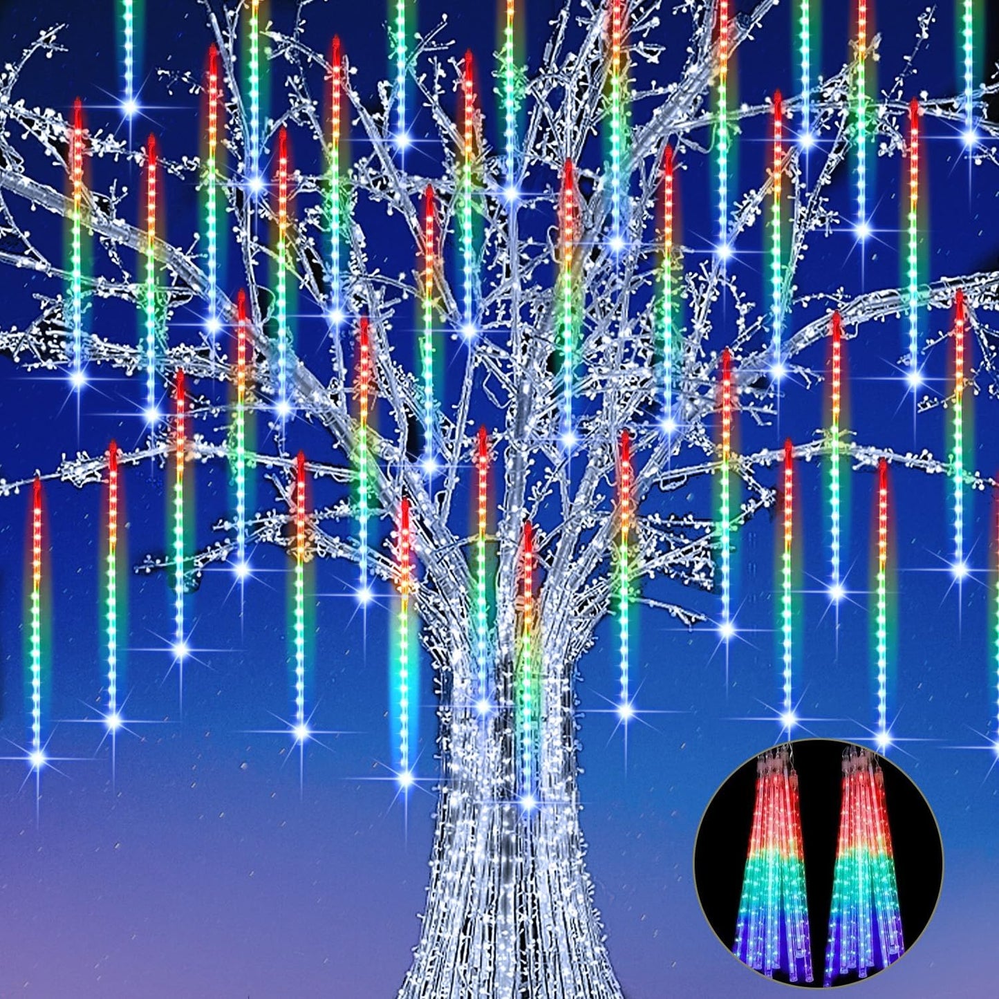 Christmas Meteor Shower Rain Lights - 12inch, 20 Tube 480 LED Icicle Lights for Outdoor Xmas, Halloween, Wedding & Party Decor, Colorful
