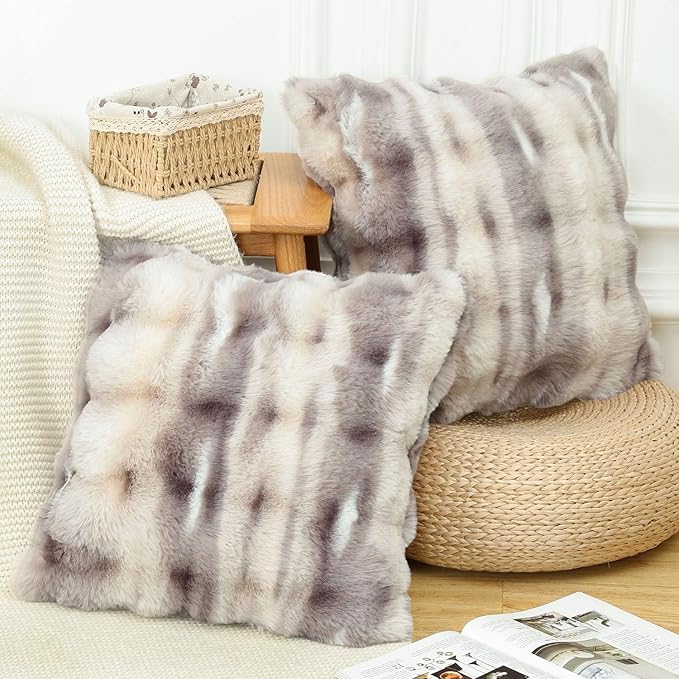 MADIZZ Pack of 2 Thick Plush Faux Wool Throw Pillow Covers Soft Boho Throw Pillows Luxurious Cushion Covers for Couch Sofa Bedroom Living Room Home Decor 16x16 Inch Grey Taupe
