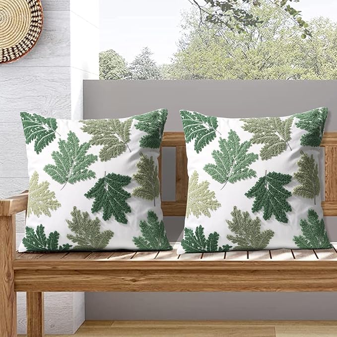 Set of 2 Embroidered Decorative Throw Pillow Covers Couch Square Pillowcases Cushion for Bedroom Sofa Farmhouse Decor 18x18 Inch (Green Maple Leaf)
