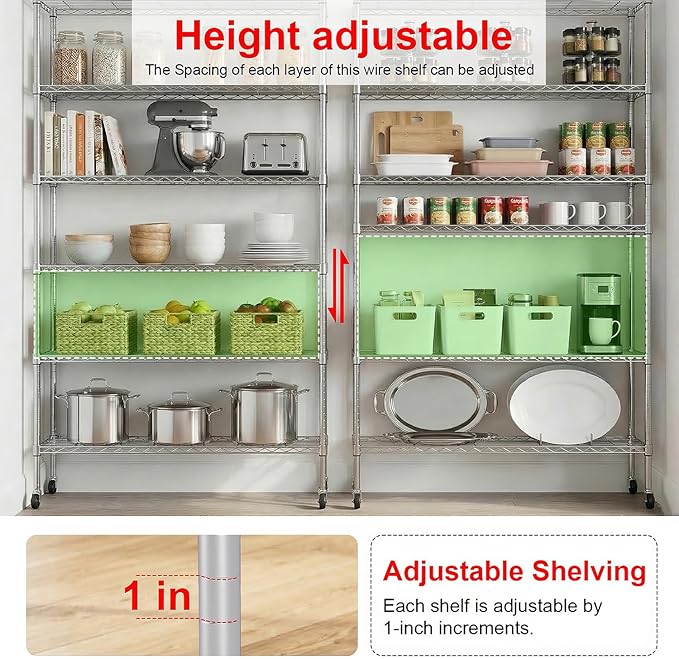 PayLessHere | 6-Tier Wire Shelf with Wheels | 45"x18"x82" | Chrome | Adjustable Racks | Heavy-Duty Storage Shelves, Holds Upto 510 lbs | Rust-Resistant, No-Tool Assembly | for Home, Garage Shelving