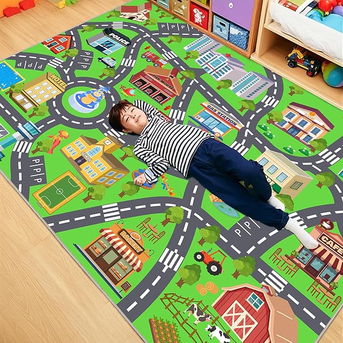 Kids Room Rug - Soft & Non-Slip 4x5 Ft Town Car Rugs City Map Play Mat, Childrens Road Carpet Washable Playmat for Classroom Nursery Bedroom Boys