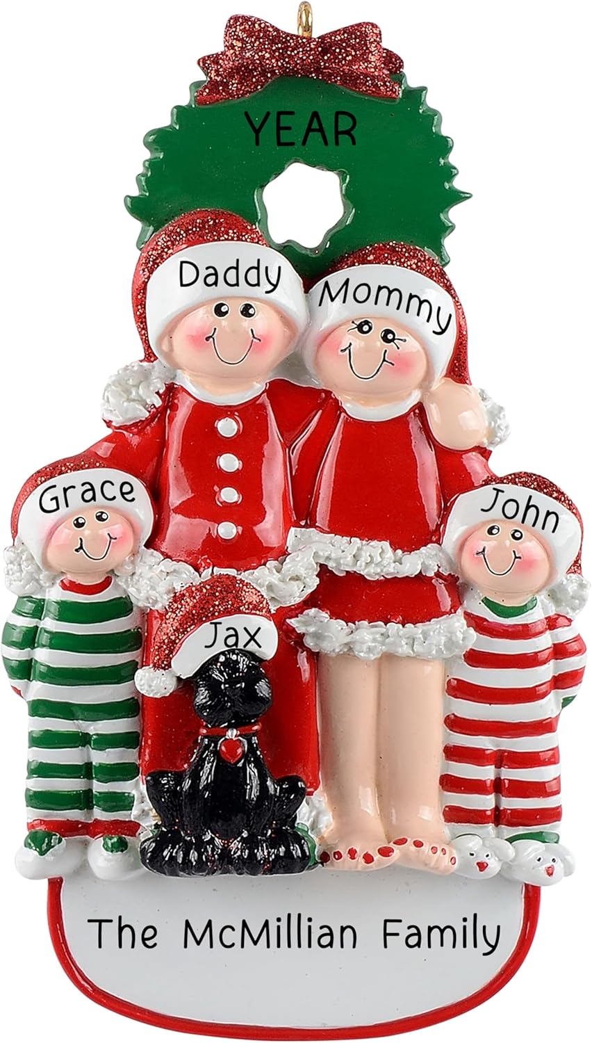 Personalized Family of 4 with Dog Ornament 2025 | Free 24h Customization | Christmas Ornaments for Tree | Custom Gift Wrapped Black Pet Keepsake for Dog-Lovers