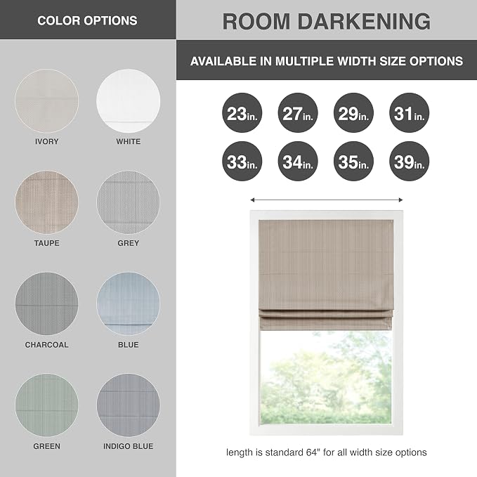 Madison Park Galen Cordless Roman Shade, 34"W x 64"H, Sheen Taupe – Room Darkening, Thermal Insulated, Energy Efficient Window Blind with Subtle Sheen Basketweave Fabric for Privacy