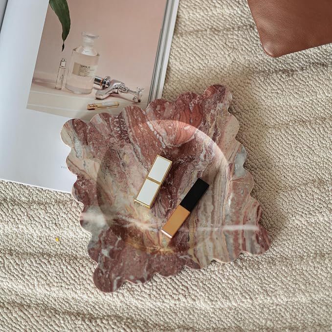 Natural Travertine Decorative Tray with Scalloped Edge, Marble Vanity Tray for Countertop Organizer, Catchall Tray for Perfume, Candles, Jewelry Dish