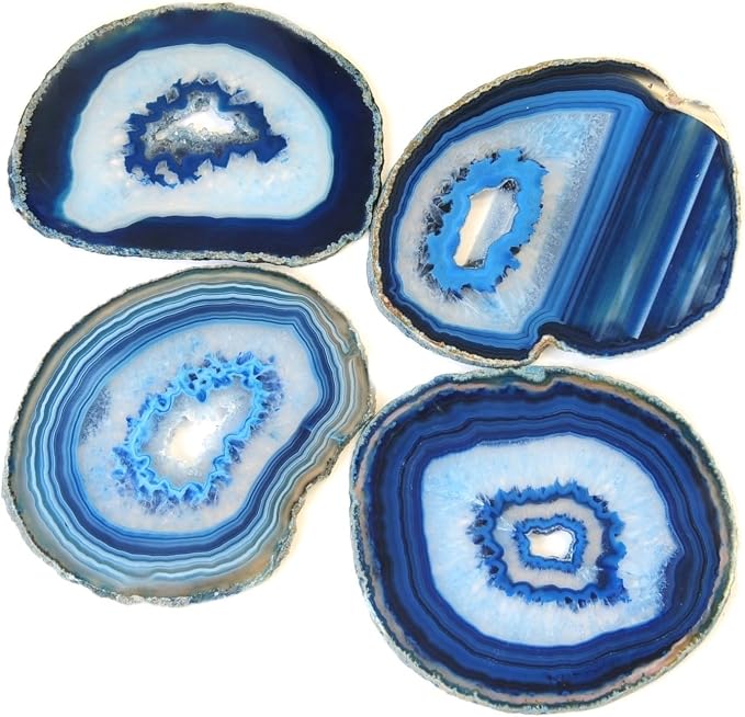 JIC Gem Extra Blue 4-5" Dyed Color Natural Agate Coasters Polished Geode Stone Coasters Agate Slices Set of 4 with Protective Rubber Bumper Home Decorative