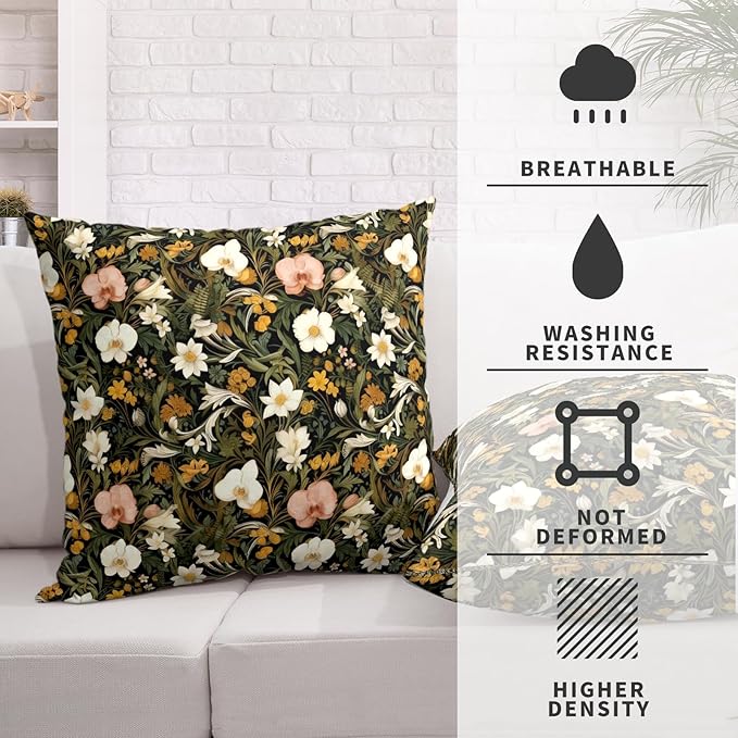 Spring Summer Dark Floral Throw Pillow Covers Vintage Flower Pillow Covers 18x18 Set of 2 Wildflower Botanical Outdoor Pillow Cases Rustic Boho Farmhouse Cushion Case for Porch Patio
