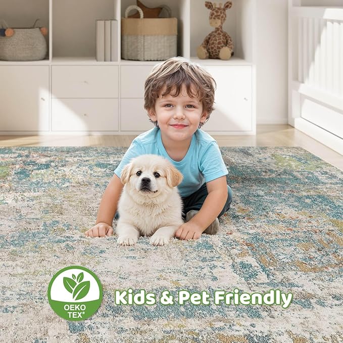 Area Rugs 9x12 Living Room: Washable Large Abstract Neutral Modern Soft Rugs Stain Resistant Indoor Floor Non-Slip Accent Carpet for Bedroom Nursery Playroom Office Dining Room Home Decor- Teal
