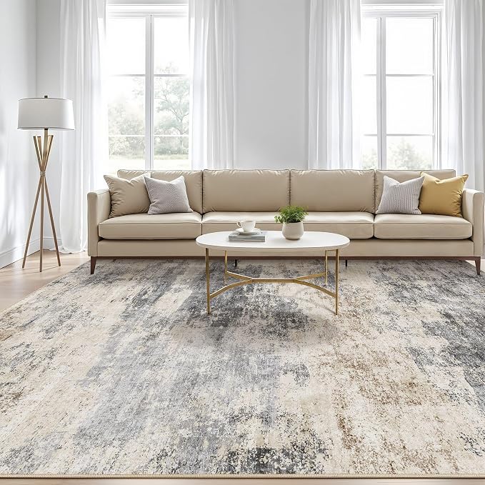 12x15 Area Rug Living Room: Washable Large Abstract Modern Soft Rugs Stain Resistant Indoor Floor Non Slip Accent Carpet for Bedroom Nursery Playroom Office Dining Room Dorm Home Decor- Gray Brown