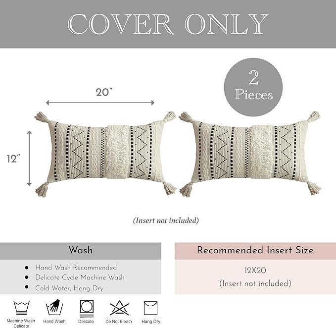 BlissBlush Decorative Lumbar Throw Pillow Covers 12x20 Combo Set of 2 Rectangular Boho Accent Pillowcase Black Neutral Farmhouse Cushion for Couch Sofa Bedroom Living Home Décor Cover ONLY
