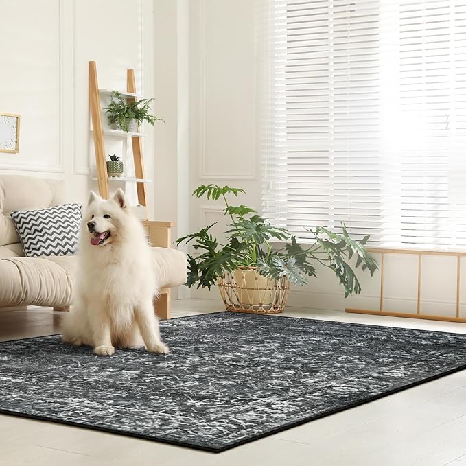 Lahome Margot 6x9 Area Rugs Washable Rugs for Bedroom Large Black Area Rug for Bedroom,Soft Vintage Distressed Rug Non Slip Stain Resistant Indoor Carpet for Dining Decor