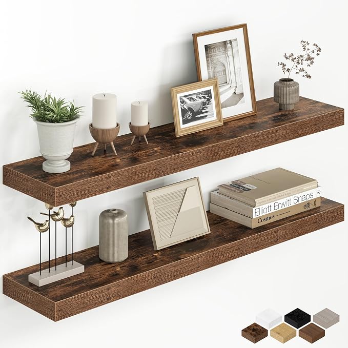 36 Inch Floating Shelves for Wall, 8 Inch Deep Rustic Wood Floating Shelves Set of 2, Wall Mounted Hanging Shelf with Invisible Brackets for Bathroom, Bedroom, Kitchen, Living Room, Rustic Brown