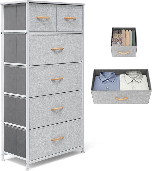 Fabric Dresser for Bedroom, Tall Skinny Dresser with 6 Drawers, Storage Organizer Tower, Steel Frame Wooden Top for Closet, Living Room, Hallway(Light Gray)