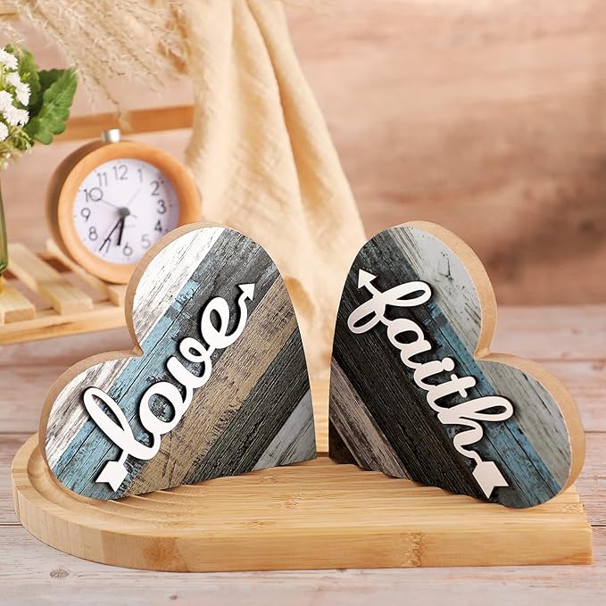 Jetec 2 Pcs Rustic Wooden Heart Table Decor, Daisy Farmhouse Home Decor, Bless This Home & Be Kind Sign for Living Room, Dining Room, Shelf & Mantel, Ideal Housewarming & Birthday Gift(Love Style)