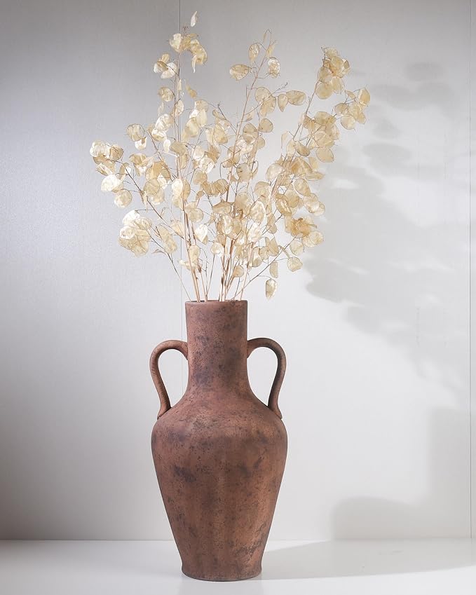 20.5in Tall Ceramic Floor Vase with Vintage Handles, Terracotta | Large Antique Terracotta Ceramic Floor Vase with Beige Speckles and Distressed Markings for Rustic Farmhouse Home Decor
