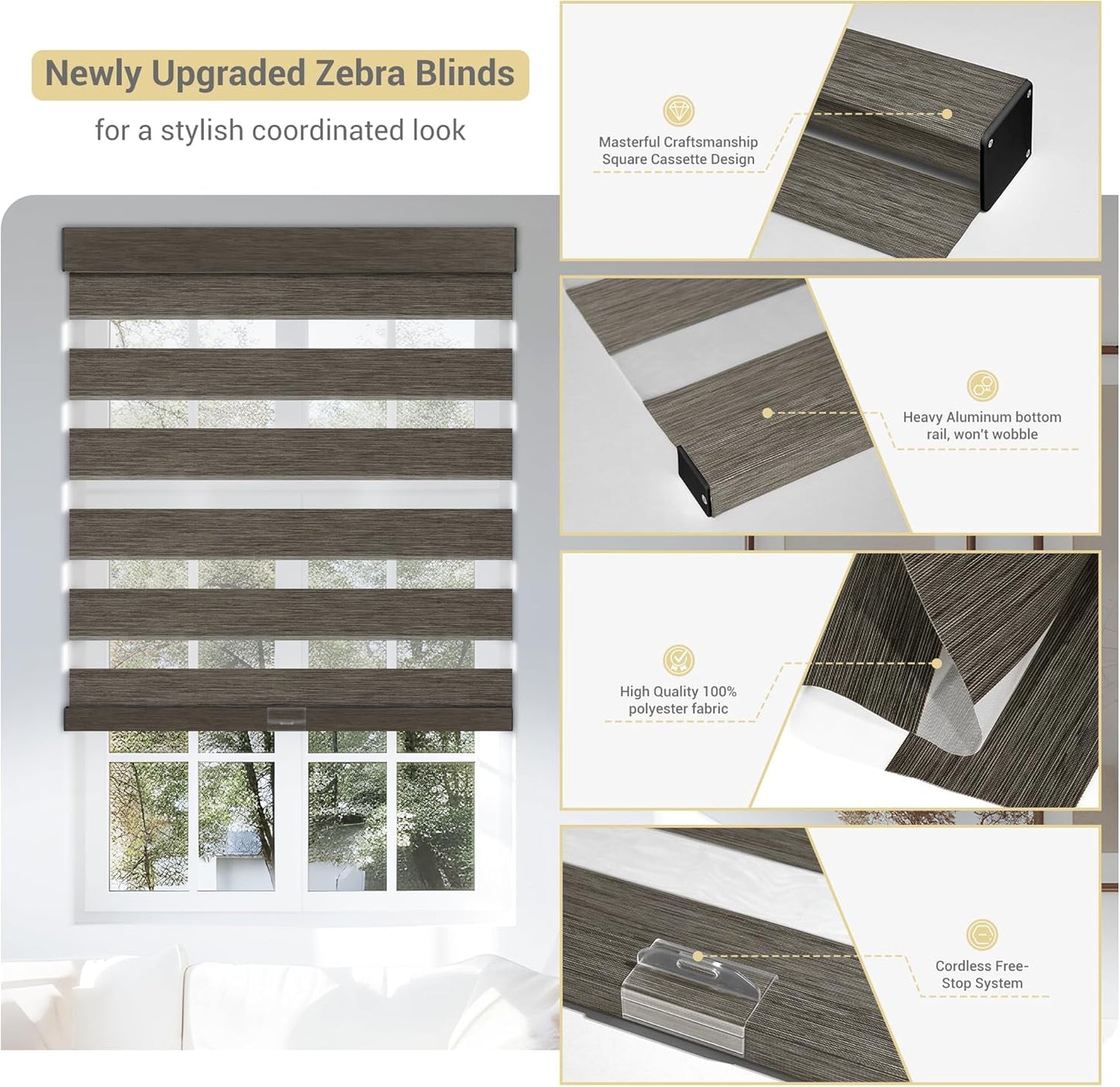 Cordless Zebra Blinds for Windows, Blackout Interior Blinds,Easy to Install,UV Protection,for Offices and Home,Custom Roller Shades, Mousse Dark Bown,73" W x 80" H