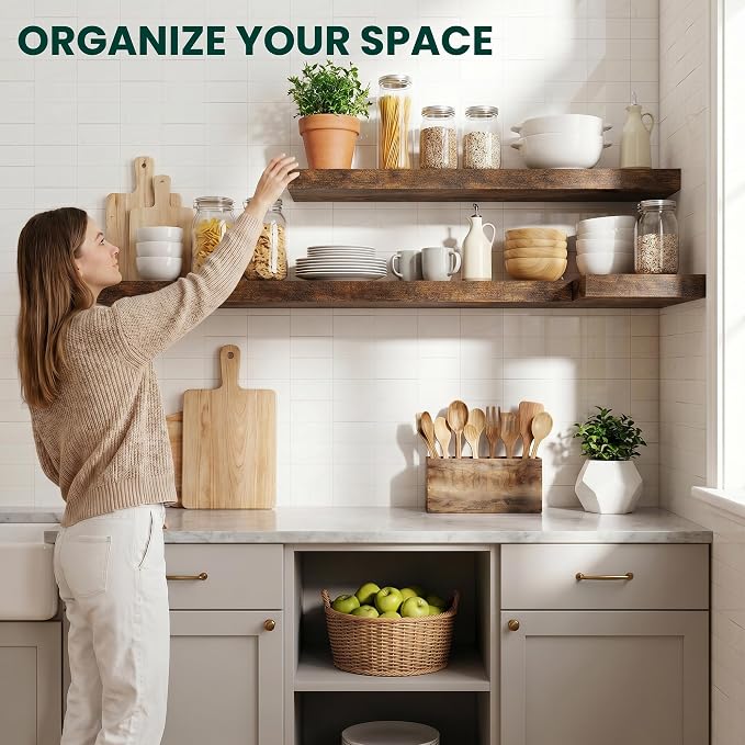Floating Shelves for Wall 55 in x 9.3 in Deep, Wall Mounted Rustic Wood Shelf with Invisible Brackets for Storage & Display, Living Room Bedroom Bathroom, Brown, 1 Pack