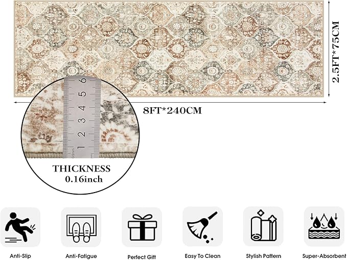 Lahome Moroccan Hallway Rug, 2'5''x8' Kitchen Runner Rugs Non Skid Washable Runners for Hallways, Ultra-Thin Oriental Carpet for Entryway Laundry Room Bedroom Bathroom Elise, Khaki