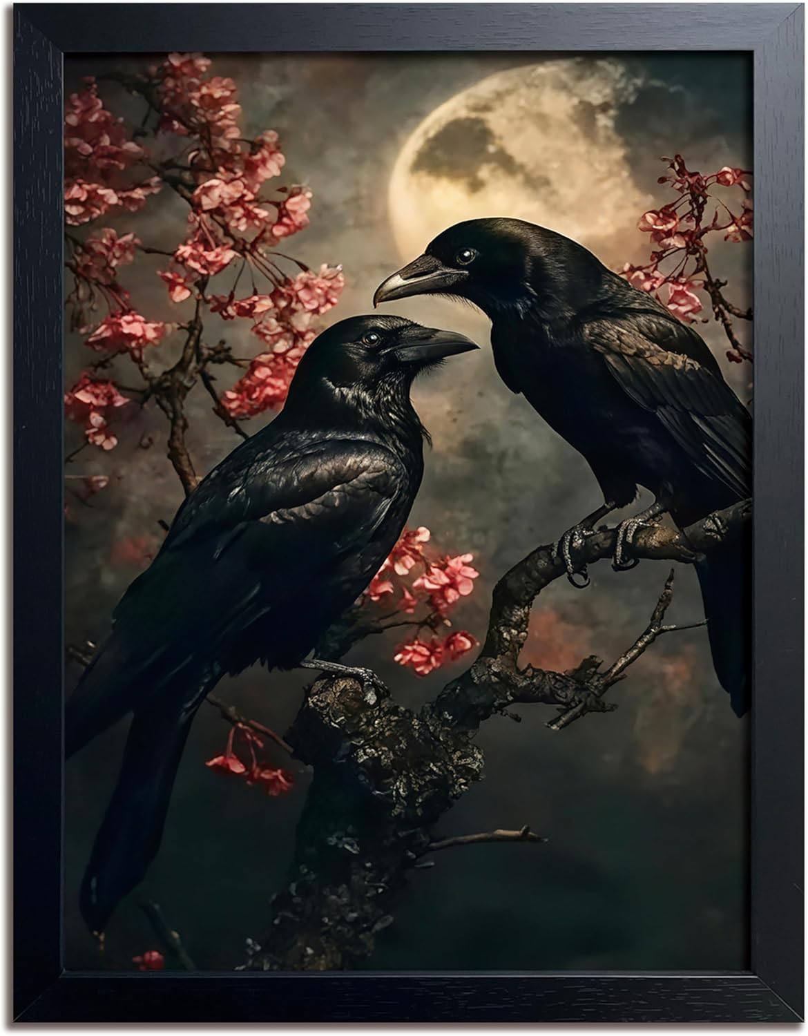 Black Wood Framed Halloween Canvas Wall Art Painting, Vintage Black Crow Cherry Blossom Wall Decor Picture, Dark Academia Gothic Poster Print Photo for Living Room Bedroom Office Decor 12x16 Inch
