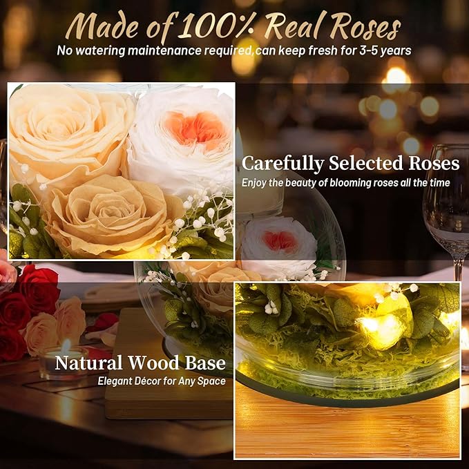 Preserved Champagne Real Rose in Glass with Scented Candles–Eternal Flower Romantic Anniversary Mothers Day Christmas Birthday Valentines Day, Women, Wife, Girlfriend, Mom, Grandma