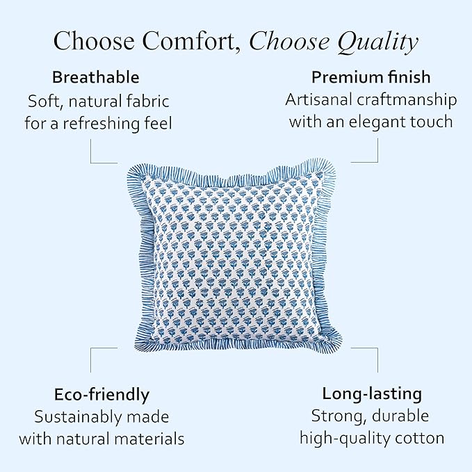 CPC Block Print Ruffle Throw Cover Apatite Blue 16"x16" Inch Pack of 2-100% Cotton Ruffle Couch Decorative Boho Pillows Case for Living Room, Bedroom, Sofa, Farmhouse Gift for Spring, Mother's Day