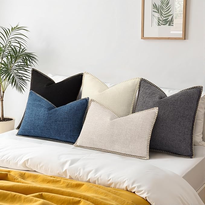 decorUhome Summer Decorative Throw Pillow Covers 24x24 Set of 2 Square Faux Linen Outdoor Neutral Farmhouse Euro Sham Pillow Covers with Stitched Edge for Couch Sofa Living Room, Black