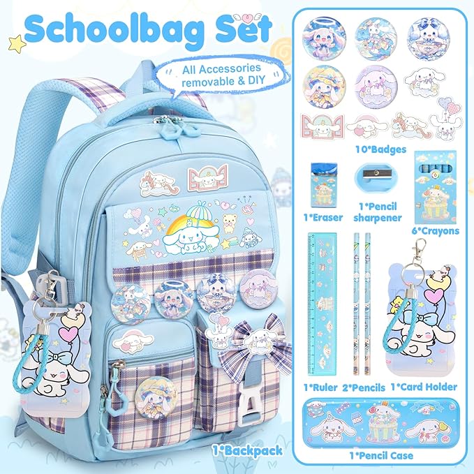 KIEAL 16.5/19IN School Backpack for Girls with 24Pcs Accessories, Anti-Theft Kids Backpack for Students, New Semester Presents with Pins and Card Holder