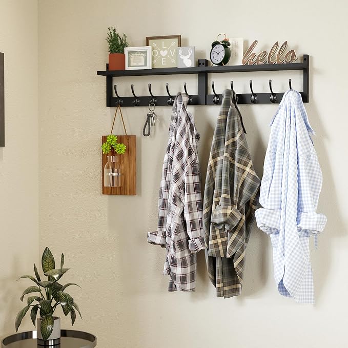 AMBIRD 34.2" Extra Long Wooden Wall Hook Rack with Shelf - Versatile and Decorative Wall-Mounted Storage with 10 Hooks for Coats, Hats, Keys - Ideal for Entryways, Bedrooms, Closets (Stylish Black)