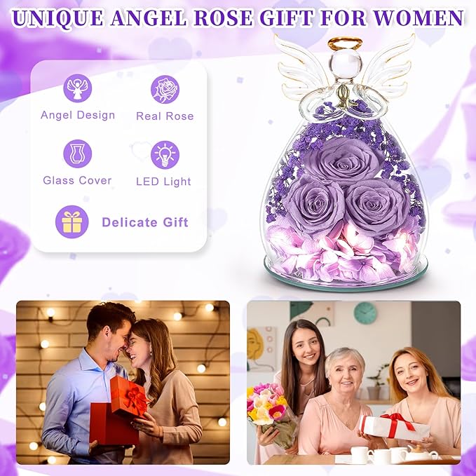Beferr Mothers Day Mom Birthday Gifts for Women, Fresh Flowers for Delivery Forever Preserved Rose in Glass Angel Figurine, Anniversary Christian Real Rose for Grandma Nana Wife Mum from Daughter Son