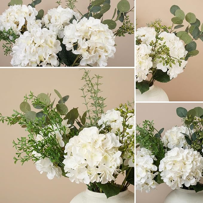 Faux Arrangement - Eucalyptus & White Hydrangea Flowers, Large Artificial Floral Greenery Centerpieces for Tables, Modern Farmhouse Decor for Dining Room, Kitchen & Coffee Table, 30 inches Tall