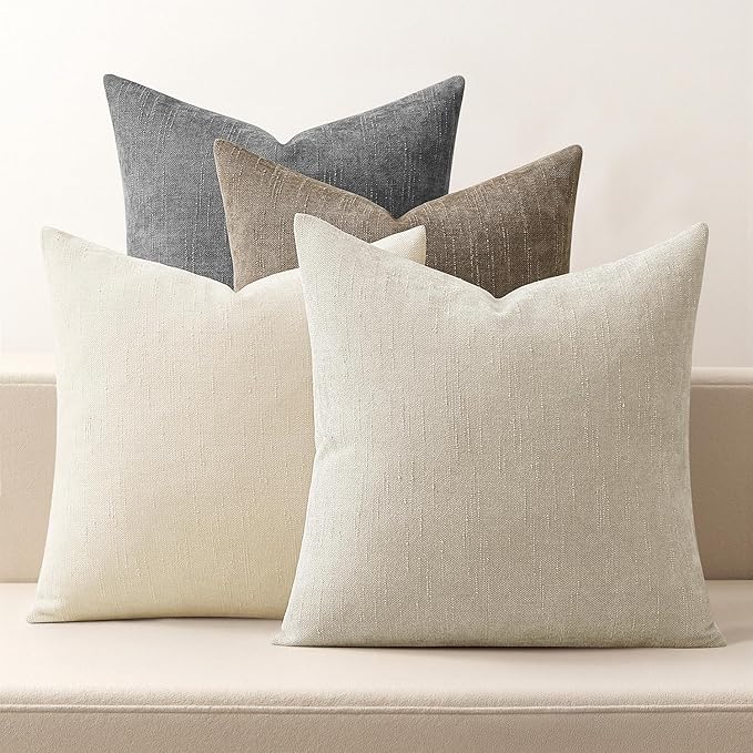 MIULEE Pack of 4 Decorative Throw Pillow Covers 18x18 Inch Neutral Chenille Textured Throw Pillows Boho Farmhouse Accent Cushion Covers for Modern Home Decor Couch Sofa Bed Living Room