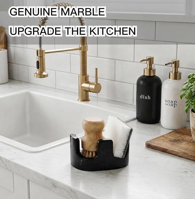 Black Marble Sponge Holder for Kitchen Sink, Dual Slot Stone Caddy, Nero Marquina | 2-in-1 Natural Marble Sponge & Brush Holder, Raised Edge Helps Catch Water, Keeps Countertop Dry, Luxury Kitchen Decor