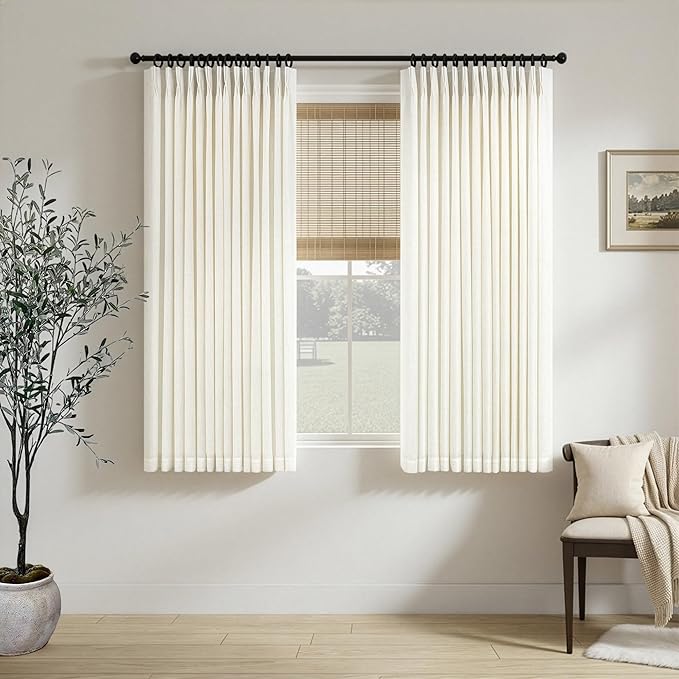 Cream Kitchen Cafe Curtains 45 Inch Length 2 Panel Pinch Pleated Back Tab Semi Sheer Light Filtering Linen Short Curtain Ivory Modern Farmhouse Small Curtains for Bathroom Window Basement Living Room