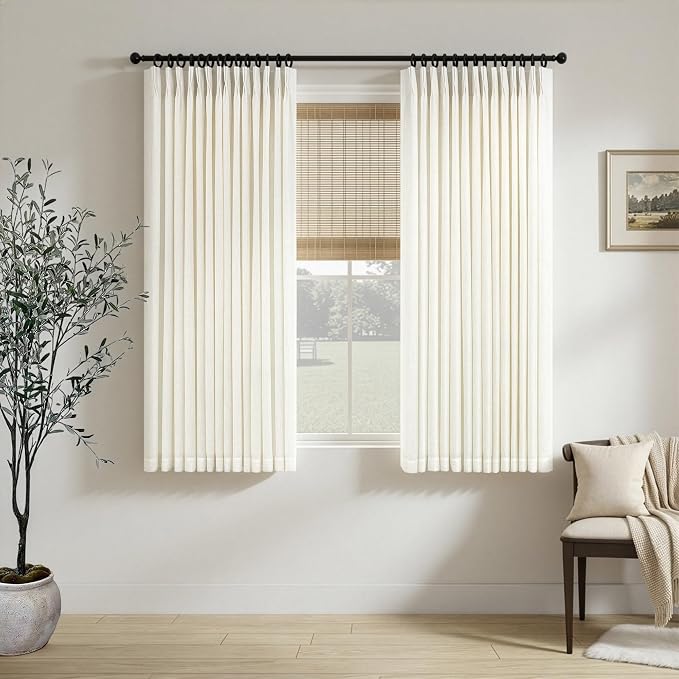 DANCURTON Cream Linen Pleated Curtains 58 Inch Length for Living Room 2 Panel Sets Neutral Modern Farmhouse Window Curtain Semi Sheer Light Filtering Drapes for Bedroom Back Tab Pinch Pleat 40x58 Long