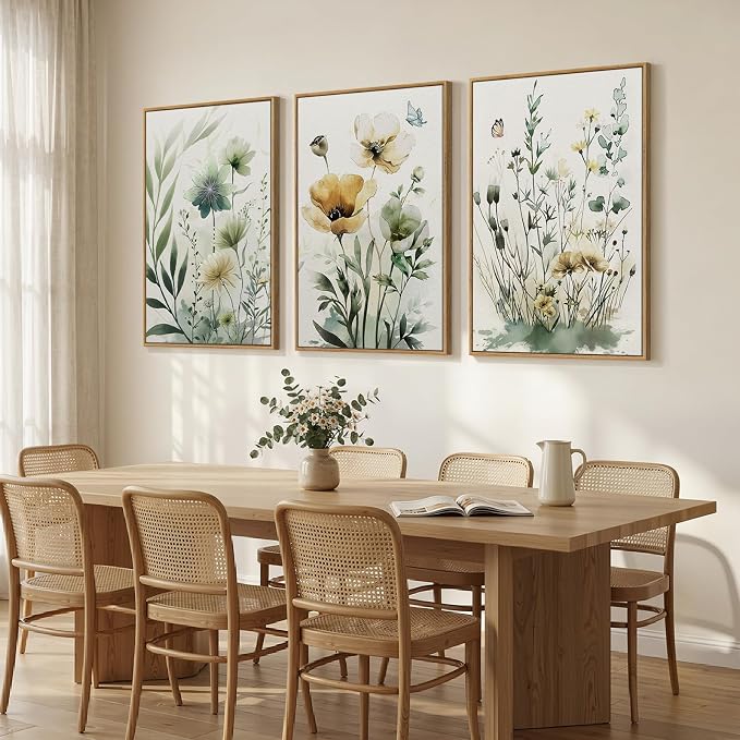 Large Framed Botanical Wall Art for Living Room, 3 Piece Sage Green Boho Floral Canvas Prints Paintings, Modern Farmhouse Watercolor Wildflower Pictures for Bedroom Dining Room Wall Decor, 24x36 Inch