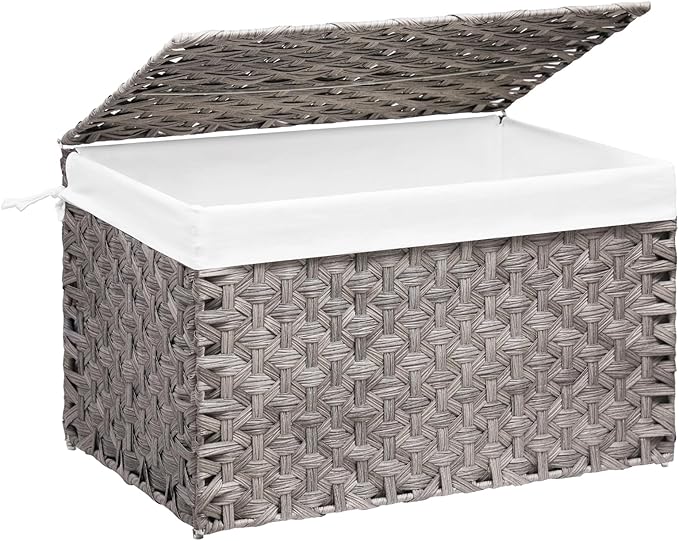 Wicker Storage Basket with Lid, 42.3 Gallon (160L) Large Blanket Basket with Lid, Woven Storage Bin with Handles, Removable Liner, Metal Frame, Foldable, for Bedroom, Laundry Room, Grey