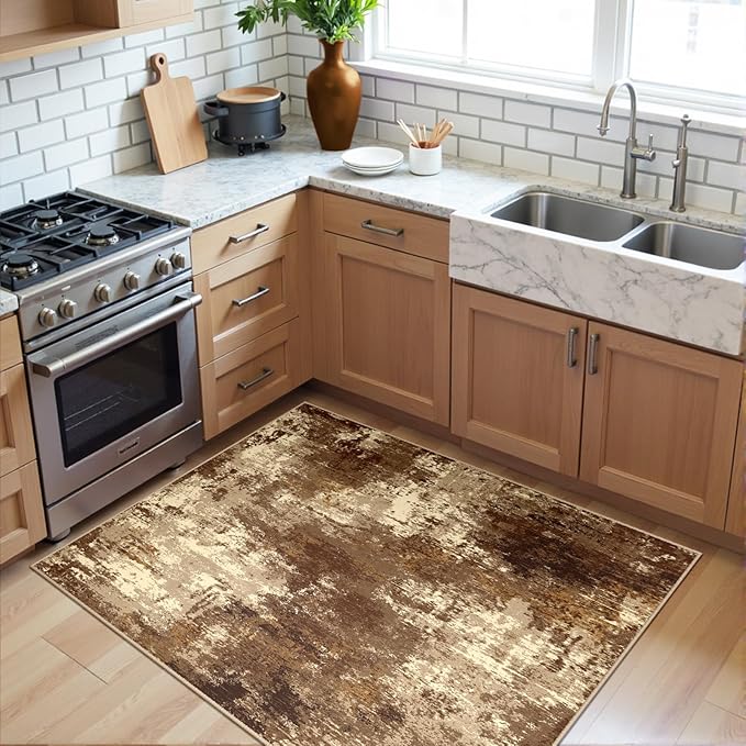 RELEANY Washable Area Rugs 3'x5' Non-Slip Modern Abstract Soft for Living Room Entryway Bedroom Nursery, Print Pattern, Brown Tan Beige Coffee