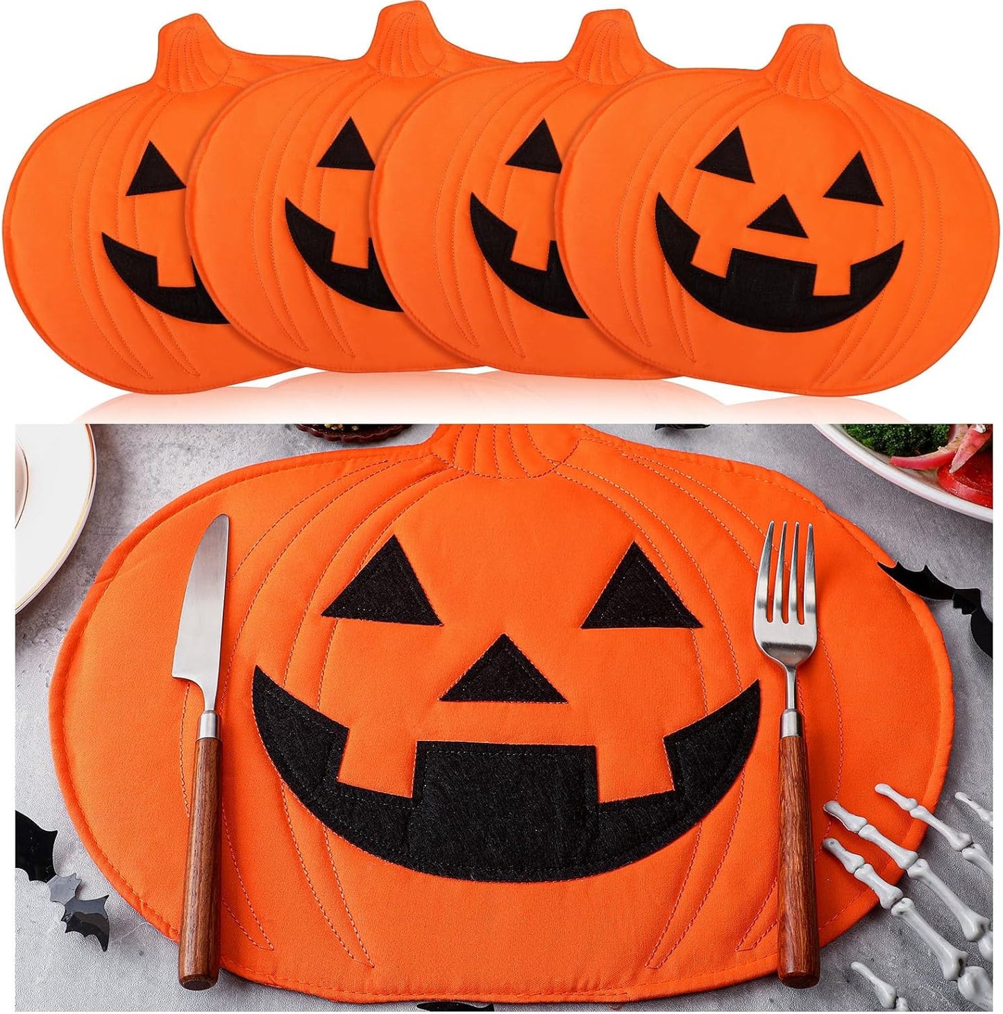 4 Pcs Halloween Pumpkin Placemats Jack O Pumpkin Shaped Heat-Resistant Table Mats 13 x 14 Fall Autumn Harvest Table Decoration for Thanksgiving Holiday Festival Kitchen Dinner Party Decor