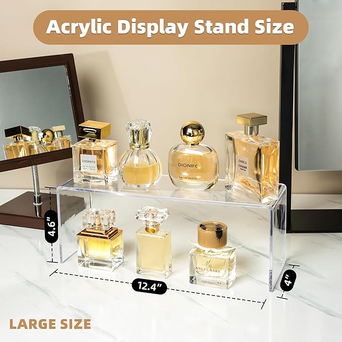 Aminigram 12 Pack Large Acrylic Risers Display Stands,Perfume Organizer Stand, Clear Acrylic Shelf for Show Decor Display, Toys, Cupcake and More(12.4 x 4 x 4.6 inches)