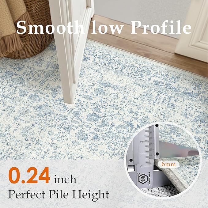 PureCozy Blue Entryway Area Rug 2x3 Door Mat Machine Washable Kitchen Vintage Distressed Non Slip Carpet Indoor Retro Floral Accent Throw Small Rug for Bathroom Office Bedroom Dining Room