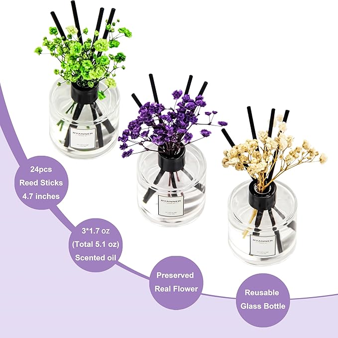 Reed Diffuser Set of 3 Pack,Lavender Eucalyptus/White Jasmine/Lemongrass Scented Oil Diffuser with Sticks(1.7 fl oz Each Pack),Air Freshener for Bedroom Bathroom Office | Shelf Decor